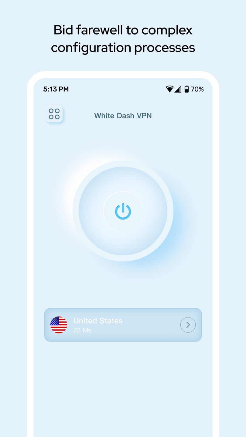 White Dash VPN home screen with a United States server selected